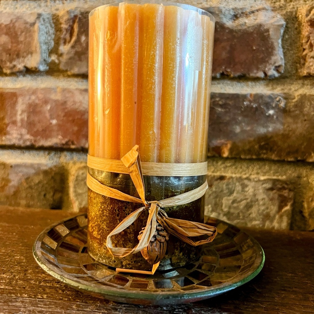 Rustic Orange and Brown Candle with Holder